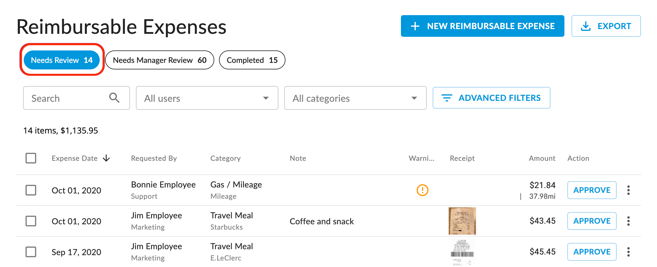 Spend - Reimbursable Expenses Page - Admin Needs Review.png